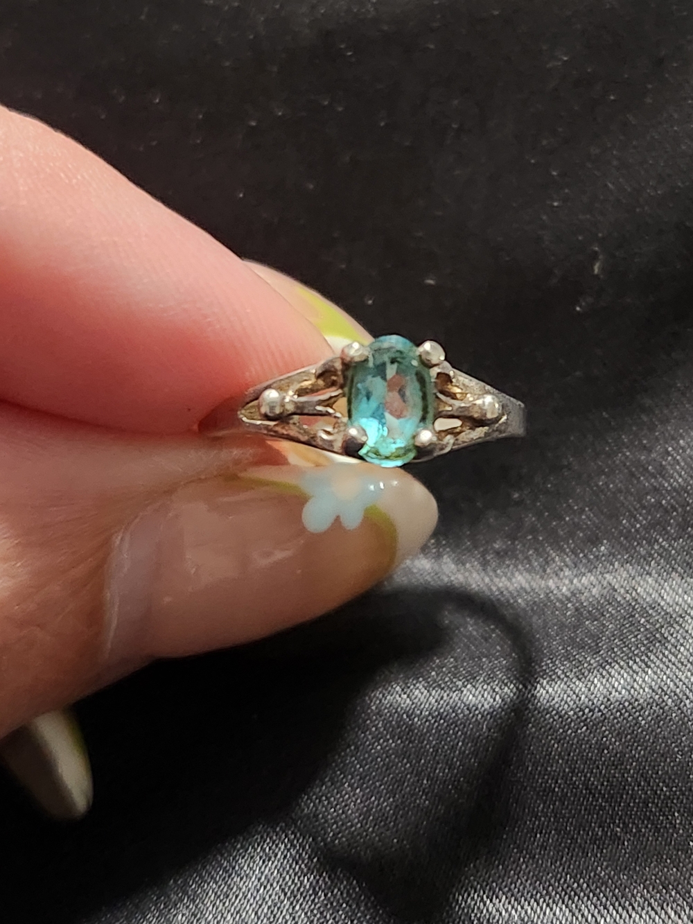 ​Vintage 925 Sterling Silver Teal Blue Gemstone Ring | Adjustable Filigree Band